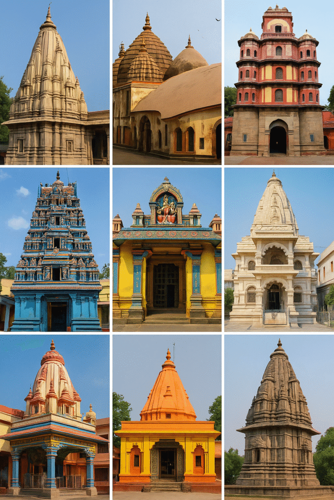 दस महाविद्याओं में एक: माता मातंगी का रहस्य 4 Mata Matangi ke 10 pramukh mandiron ka collage – Kashi, Kamakhya, Chennai, Ujjain, Trichy, Vrindavan, Hyderabad, Nashik, Almora, aur Belgaum ke Mandir