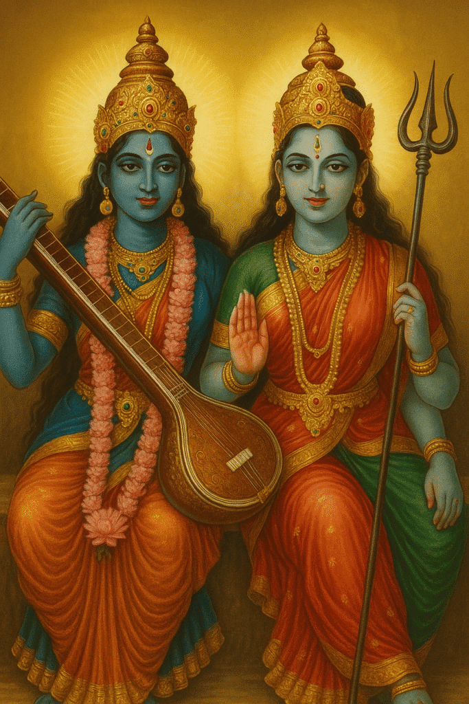 दस महाविद्याओं में एक: माता मातंगी का रहस्य 3 Mata Matangi and Parvati Mata together – Matangi holding a veena and Parvati holding trishul, both in divine attire – Mata Matangi aur Parvati ka ek saath roop