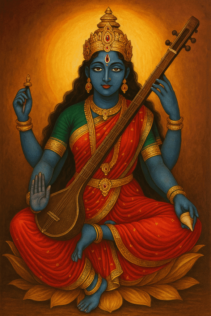 दस महाविद्याओं में एक: माता मातंगी का रहस्य 2 Mata Matangi with blue skin seated on a golden lotus, holding veena, shankh, and mudra in red saree and golden crown – Mata Matangi ki tanrik shakti aur shringar swaroop