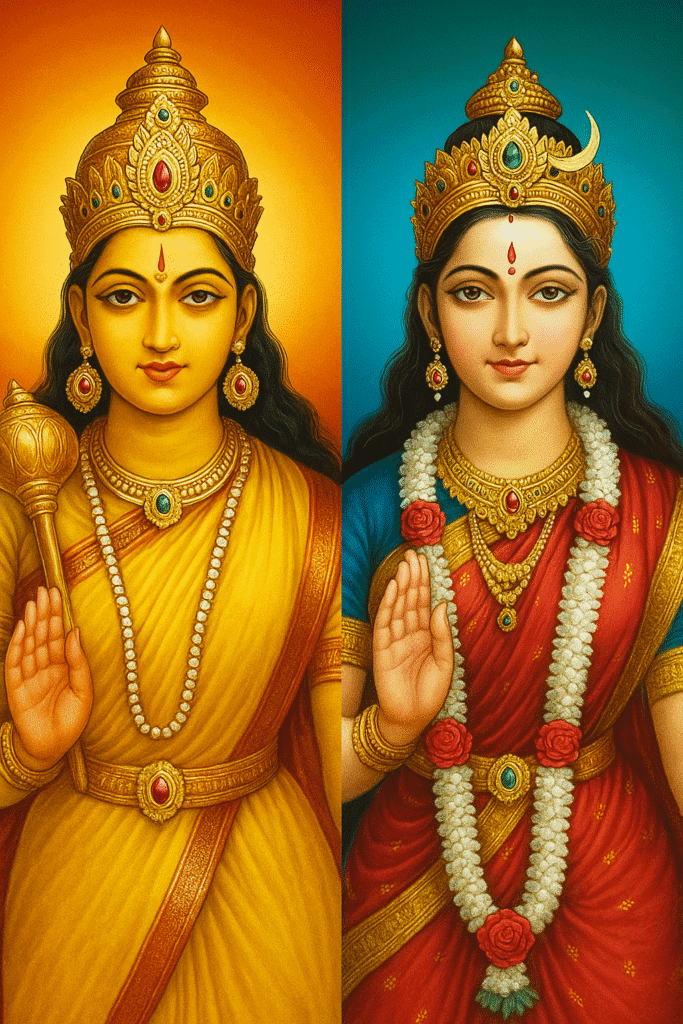 बगलामुखी देवी की तांत्रिक उपासना विधि और सिद्धि का रहस्य 2 माँ बगलामुखी और माँ पार्वती का सुंदर चित्र, जिसमें दोनों देवी एक साथ आशीर्वाद मुद्रा में दर्शायी गई हैं
