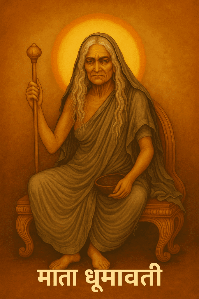 जहां सबकुछ खत्म होता है, वहां से माता धूमावती की शुरुआत होती है 1 माता धूमावती का पारंपरिक चित्र जिसमें वे सिंहासन पर बैठी हैं, एक हाथ में गदा और दूसरे में भिक्षापात्र लिए हुए, उनके पीछे तेजस्वी प्रभा मंडल है