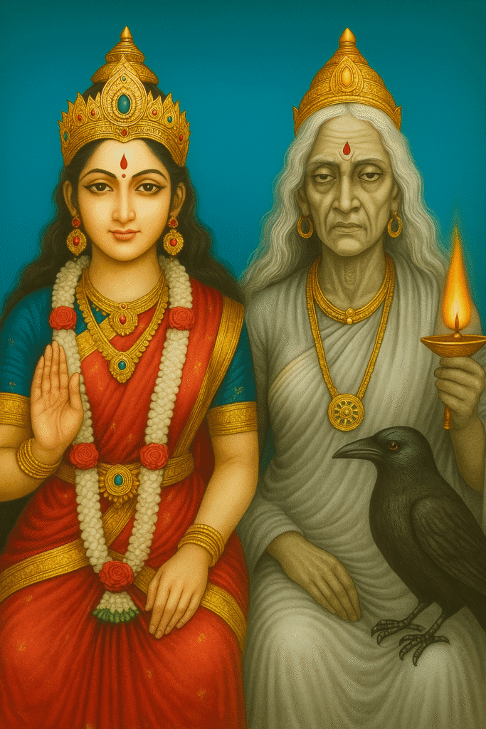 जहां सबकुछ खत्म होता है, वहां से माता धूमावती की शुरुआत होती है 2 माता पार्वती और माता धूमावती का संयुक्त चित्र, पार्वती माँ सजीव और उज्ज्वल रूप में, जबकि धूमावती माँ वृद्धा रूप में कौवे के साथ दिखाई देती हैं