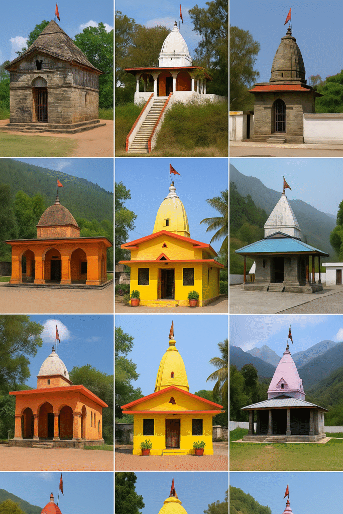 जहां सबकुछ खत्म होता है, वहां से माता धूमावती की शुरुआत होती है 3 माता धूमावती के 10 प्रमुख मंदिरों की एकत्रित छवि, जिनमें विविध स्थापत्य शैली में बने मंदिर प्राकृतिक पृष्ठभूमि में दिखाई दे रहे हैं