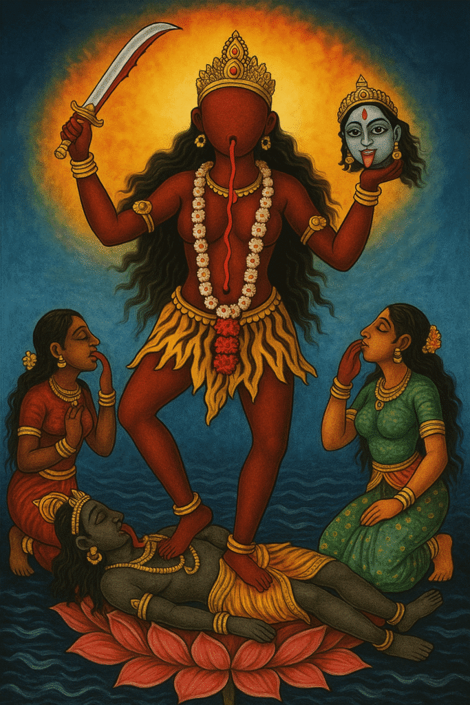 छिन्नमस्ता देवी की रहस्यमयी कथा और शक्तिशाली स्वरूप 1 माता छिन्नमस्ता का उग्र तांत्रिक स्वरूप, स्वयं के शीश को धारण करती हुईं, कमल पर विराजित शिवजी पर स्थित, रक्तधारा पीती दो सखियों सहित
छिन्नमस्ता माता