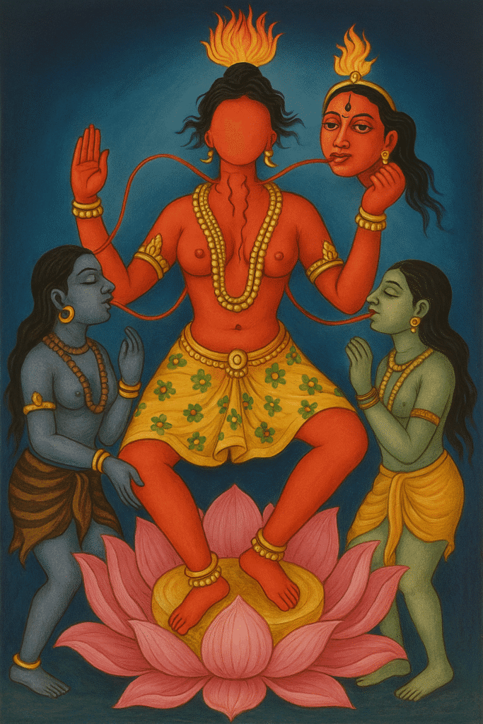 छिन्नमस्ता देवी की रहस्यमयी कथा और शक्तिशाली स्वरूप 2 माता छिन्नमस्ता का उग्र स्वरूप, कमल पर खड़े होकर स्वयं का शीश धारण करती हुईं, दो सखियों और शिव जी पर स्थित