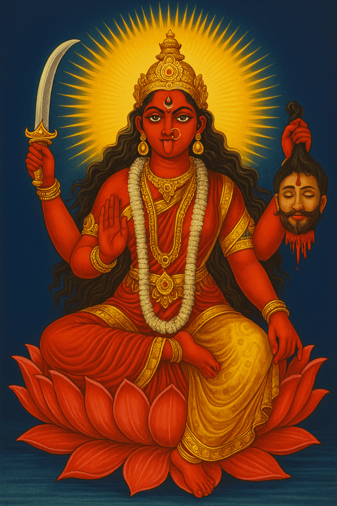 दस महाविद्याओं में एक – माता भैरवी का चमत्कारी प्रभाव 1 "कमल पर विराजमान माता भैरवी की पारंपरिक चित्रकारी, जिनके हाथों में तलवार और कटा हुआ शीश है, दिव्य तेज और शक्ति का प्रतीक"