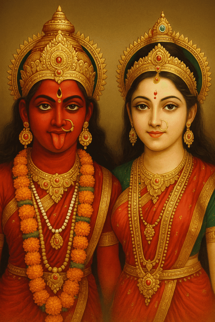 दस महाविद्याओं में एक – माता भैरवी का चमत्कारी प्रभाव 2 "माता भैरवी और माता पार्वती की पारंपरिक चित्रकारी, देवी भैरवी उग्र स्वरूप में और माता पार्वती शांत सौम्य रूप में सुशोभित"