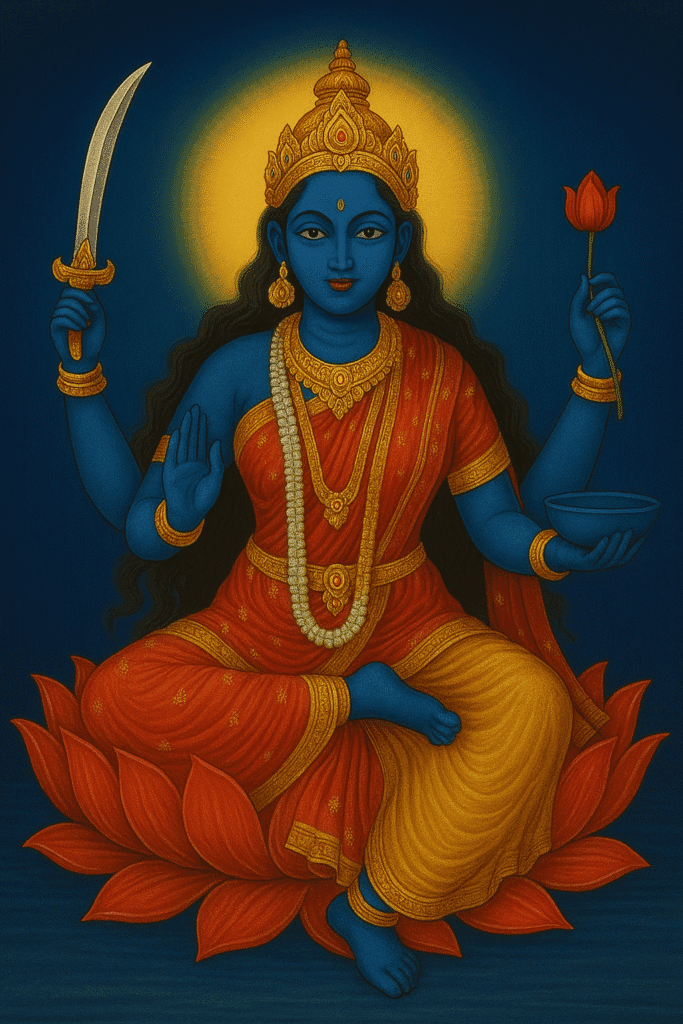 माँ तारा की उपासना से दूर होती हैं मृत्यु और भय 1 नीले रंग की माता तारा देवी कमल पर विराजमान, एक हाथ में तलवार और दूसरे में कमल लिए हुए। माँ तारा