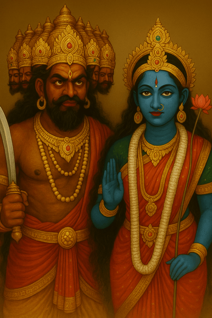 माँ तारा की उपासना से दूर होती हैं मृत्यु और भय 2 दस सिर वाले रावण और माता तारा देवी एक साथ, तांत्रिक शक्ति और समर्पण का प्रतीक।