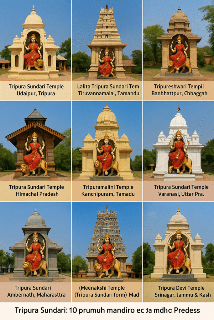 त्रिपुरा सुंदरी कौन हैं? महाविद्या की रहस्यमयी देवी का परिचय 3 "भारत भर में माँ त्रिपुरा सुंदरी के 10 प्रमुख मंदिरों का कोलाज, जिनमें त्रिपुरा, हिमाचल, तमिलनाडु, महाराष्ट्र और जम्मू-कश्मीर के प्रसिद्ध मंदिर शामिल हैं।"
