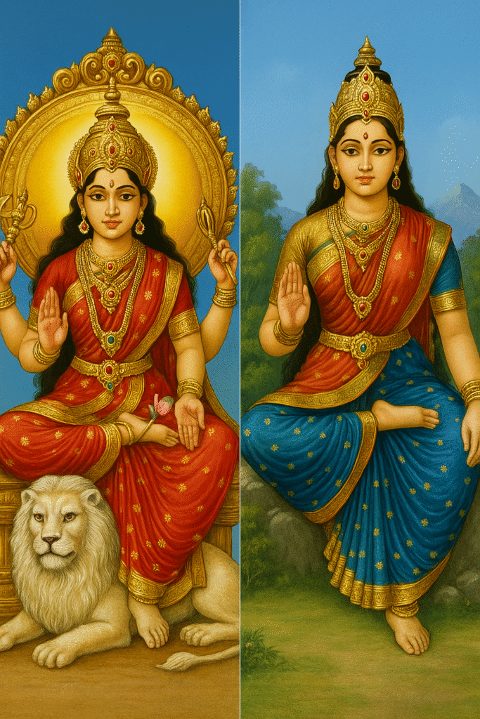 त्रिपुरा सुंदरी कौन हैं? महाविद्या की रहस्यमयी देवी का परिचय 4 "माँ त्रिपुरा सुंदरी और माँ पार्वती का संयुक्त चित्र, एक सिंह पर और दूसरी पर्वतीय पृष्ठभूमि में ध्यानमग्न मुद्रा में विराजमान।"