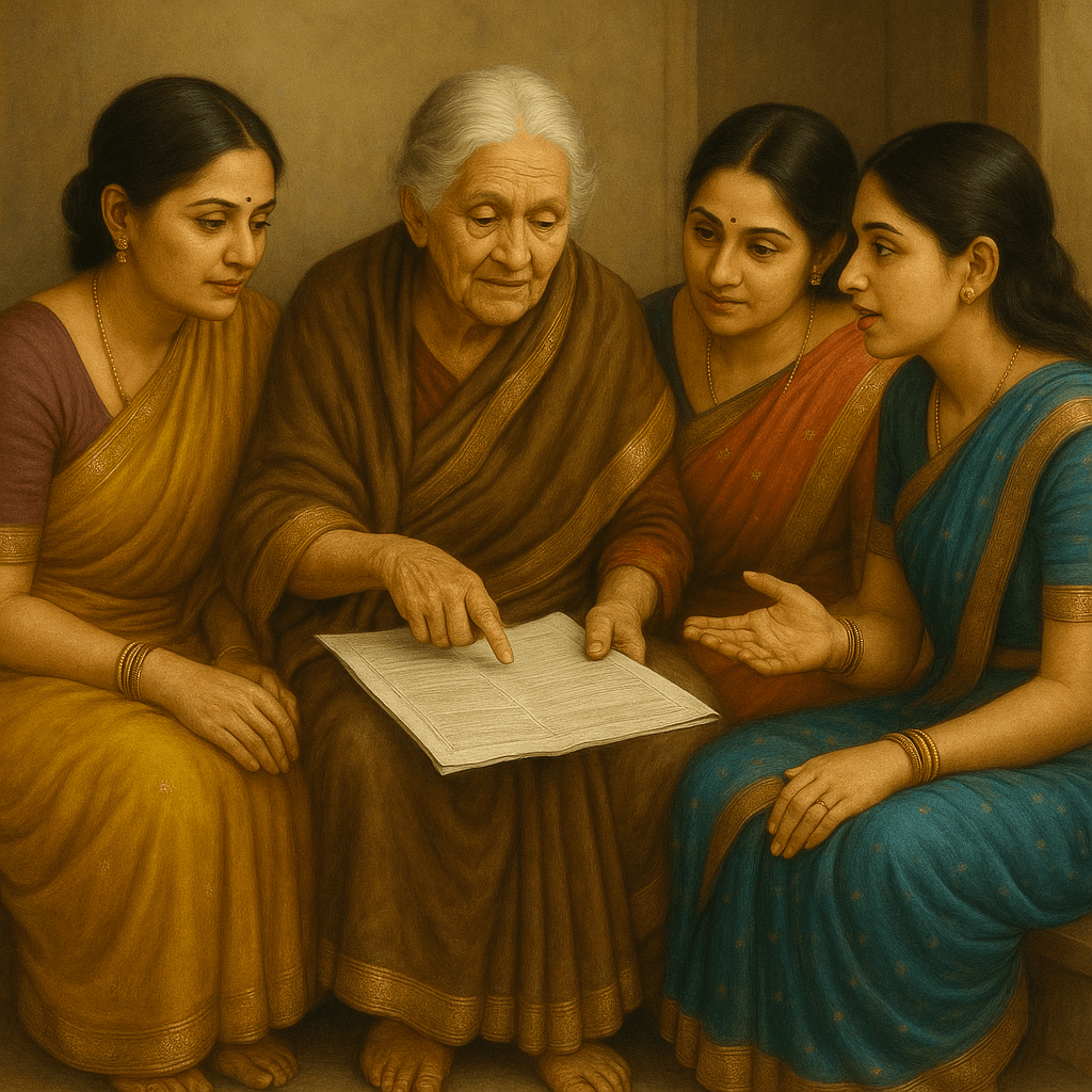एक बूढ़ी मां, उसकी तीन बहुएं और कार्तिक मास का चमत्कार 2 "बूढ़ी मां अपने जीवन के अनुभव एक कागज़ पर तीनों बहुओं को समझाती हुईं – सीख, परंपरा और समझदारी का दृश्य"
"बूढ़ी मां की कहानी – परिवार, त्याग और भक्ति की प्रेरणा"