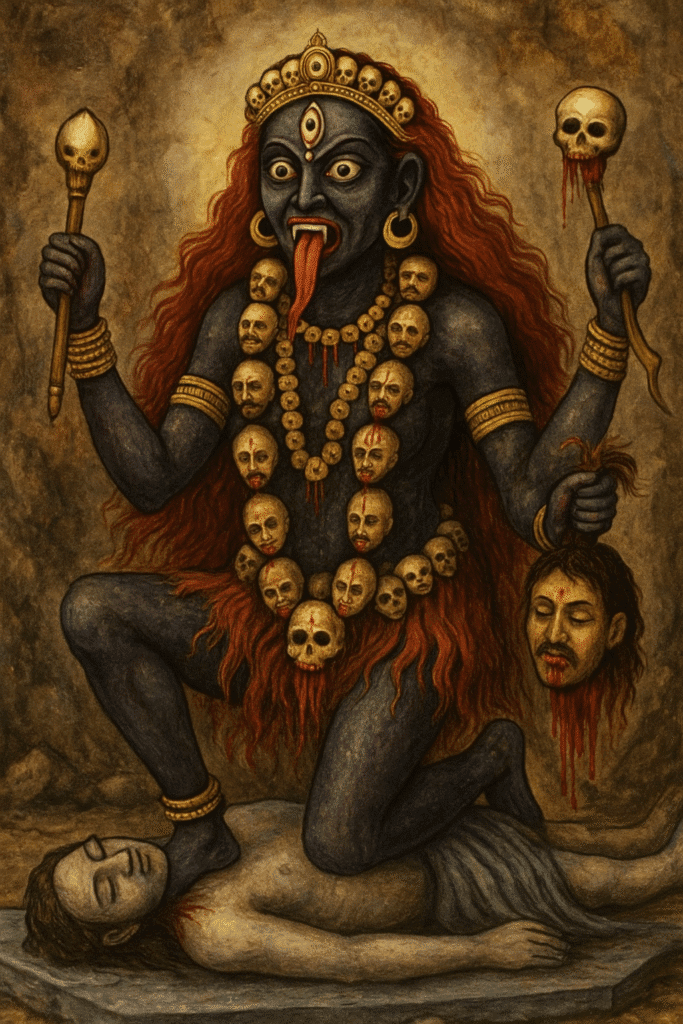 🔱 चामुंडा पिशाचिनी: एक रहस्यमयी तांत्रिक देवी जिनसे कांपते हैं भूत-पिशाच भी 1 "चामुंडा पिशाचिनी माता का भयानक रूप – खोपड़ियों की माला, लाल जिव्हा, त्रिनेत्र और शव पर विराजमान उग्र देवी।"
मां चामुंडा
