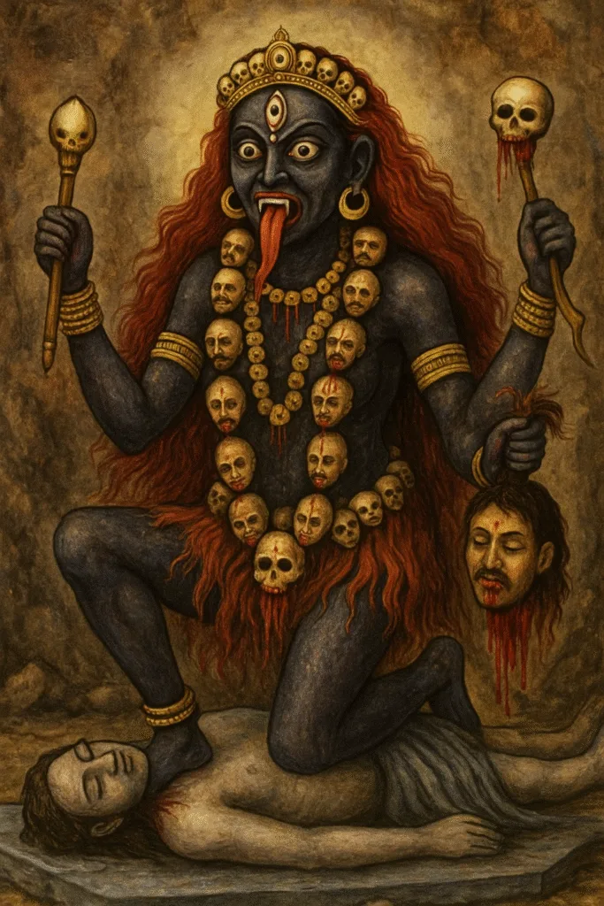🔱 चामुंडा पिशाचिनी: एक रहस्यमयी तांत्रिक देवी जिनसे कांपते हैं भूत-पिशाच भी 1 "चामुंडा पिशाचिनी माता का भयानक रूप – खोपड़ियों की माला, लाल जिव्हा, त्रिनेत्र और शव पर विराजमान उग्र देवी।"
मां चामुंडा