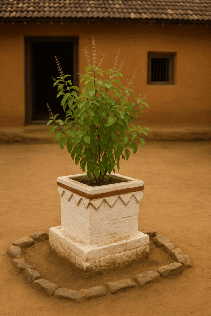 "Har Ghar Me Kyon Honi Chahiye Tulsi – Gyaan, Bhakti aur Swasthya Ka Srot" 1 "Gaon ke ek aangan mein sundar Tulsi ka paudha – pavitra aur shuddhata ka prateek"