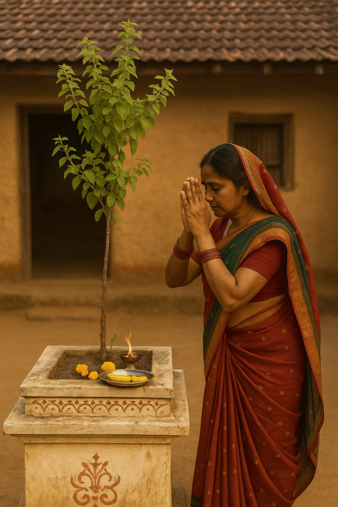"Har Ghar Me Kyon Honi Chahiye Tulsi – Gyaan, Bhakti aur Swasthya Ka Srot" 2 "Gaav ki mahila Tulsi ke paudhe ki bhakti aur shraddha se pooja karti hui – grihasti mein dharmikta aur sanskaar ka drishya"