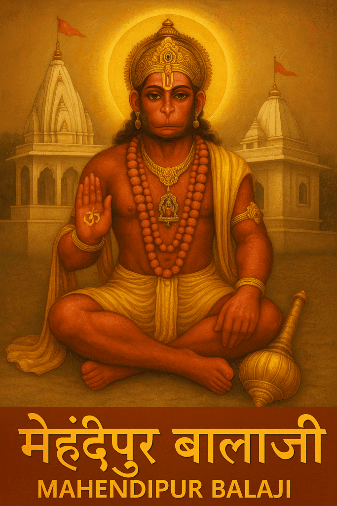 मेहंदीपुर बालाजी: एक चमत्कारी धाम जहां भूत-पिशाच भी हार मान जाते हैं 1 "मेहंदीपुर बालाजी की बैठी हुई मूर्ति – मस्तक पर मुकुट, गले में रुद्राक्ष की माला, एक हाथ में आशीर्वाद मुद्रा, पास में गदा और पृष्ठभूमि में मंदिर की छवि।"