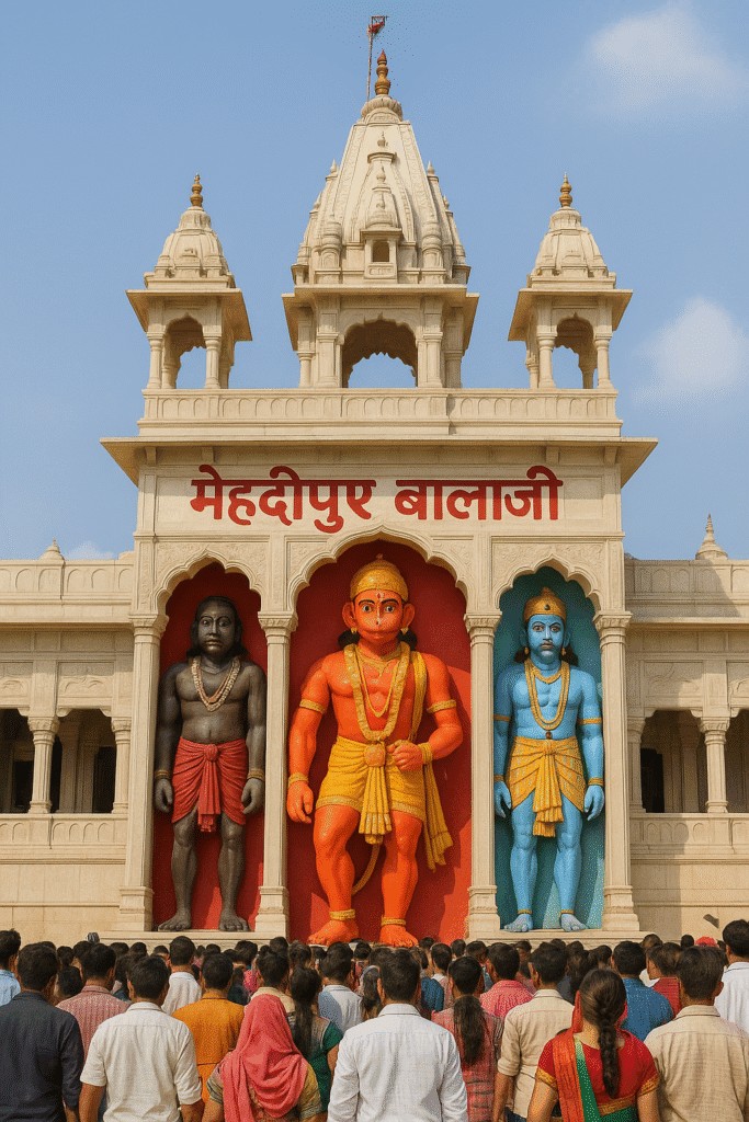 मेहंदीपुर बालाजी: एक चमत्कारी धाम जहां भूत-पिशाच भी हार मान जाते हैं 2 "मेहंदीपुर बालाजी मंदिर का मुख्य द्वार – तीन विशाल मूर्तियाँ (प्रेतराज, बालाजी हनुमान जी, भैरव बाबा) के साथ श्रद्धालुओं की भीड़ दर्शन कर रही है।"