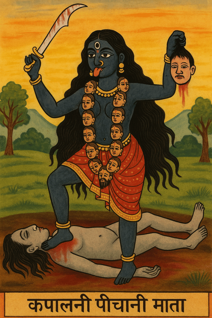 कपालीनी पिशाचिनी कौन हैं? जानिए इनके जन्म, स्वरूप और रहस्य 2 "कपालिनी पिशाचिनी माता का दिव्य रूप – काले वस्त्रों में सजी हुई, हाथ में खप्पर और त्रिशूल, शव पर विराजमान, शक्तिशाली और रौद्र मुद्रा में तांत्रिक देवी का चित्रण।"