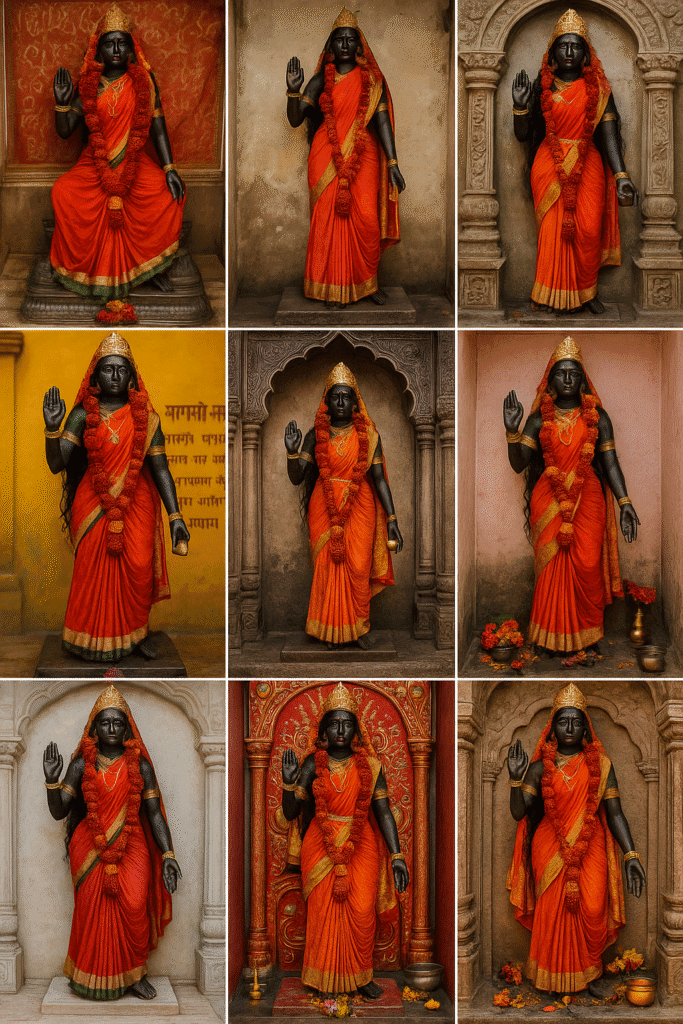 "मोहिनी पिशाचिनी के 10 प्रमुख मंदिरों की मूर्तियों का कोलाज – सभी मूर्तियाँ सिंदूरी वस्त्र, मुकुट और आशीर्वाद मुद्रा में अलौकिक रूप में विराजमान।"
