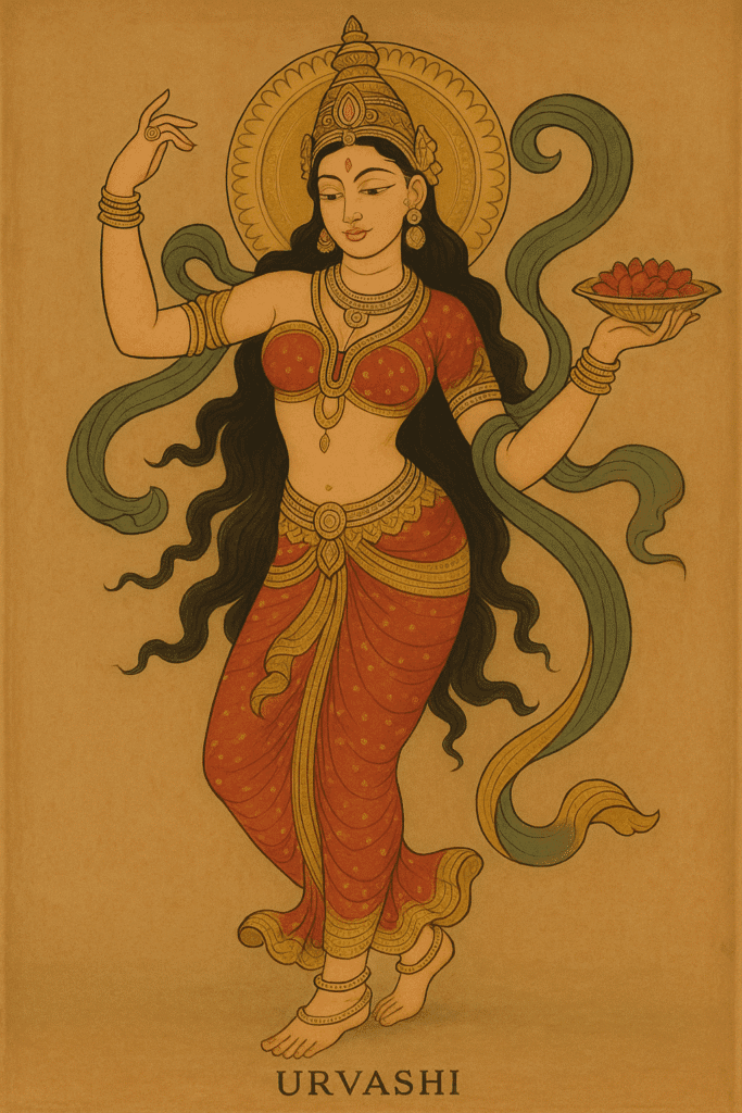 "उर्वशी: वो अप्सरा जिसने ऋषियों को भी मोहित किया" 1 "उर्वशी अप्सरा की पारंपरिक चित्रकारी – कमल के पुष्प के साथ सुंदर वेशभूषा में अलंकृत स्वरूप।"