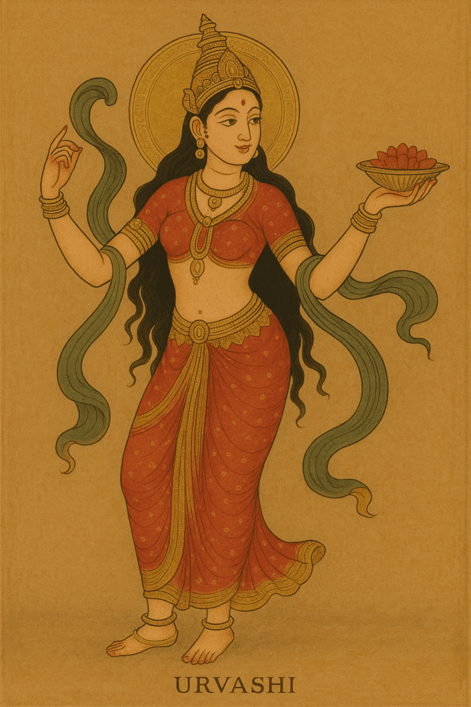 "उर्वशी: वो अप्सरा जिसने ऋषियों को भी मोहित किया" 2 "उर्वशी अप्सरा का नृत्य करते हुए दिव्य रूप – लाल परिधान और स्वर्ण आभूषणों से सजी स्वर्गीय सुंदरता।"
