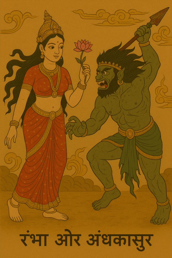 "रंभा अप्सरा: जिसने देवताओं से लेकर ऋषियों तक को मोहित किया" 2 "रंभा अप्सरा और अंधकासुर का पारंपरिक चित्र – रंभा शांत मुद्रा में कमल लिए हुए, और अंधकासुर उग्र रूप में भाले के साथ, पौराणिक पृष्ठभूमि में दर्शाया गया है।"