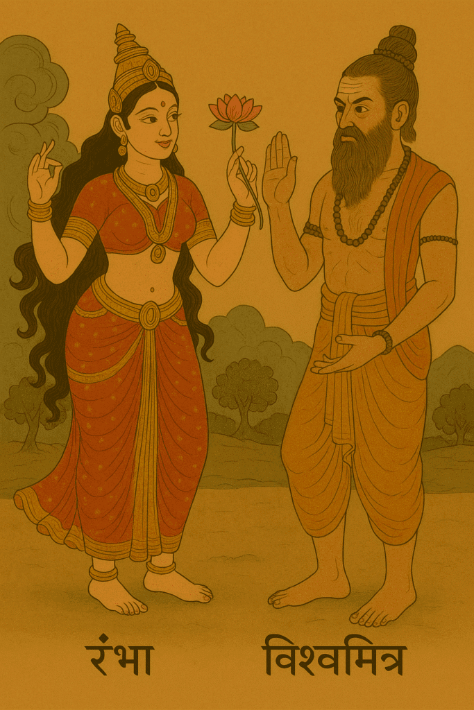"रंभा अप्सरा: जिसने देवताओं से लेकर ऋषियों तक को मोहित किया" 3 "रंभा अप्सरा और महर्षि विश्वामित्र का पारंपरिक चित्र – रंभा हाथ में कमल लिए सौंदर्य का प्रतीक, और विश्वामित्र ध्यानमग्न मुद्रा में, वनों की पृष्ठभूमि में दर्शाए गए हैं।"