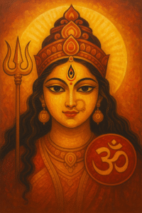"Tej se yukt devi ka roop – trishul, om chinh aur mukh par shanti ka pradarshan, jo divya urja aur aadhyatmik shakti ka pratik hai."